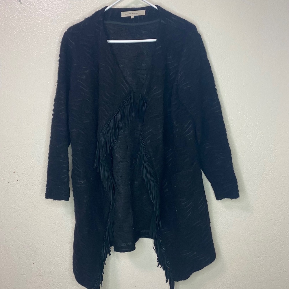 Carmela Achaval Black Wool Blend Fringe Open Front Cardigan Sweater Size 1 Small